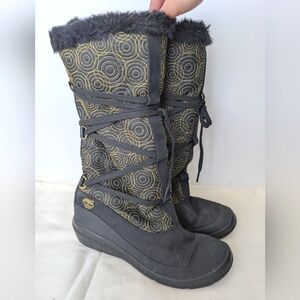 Timberland 74343 Black Gold Swirl Faux Fur Tall Women's Snow boots Sz 9M Pull On
